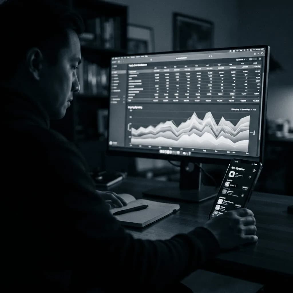 Календарь с отмеченными датами обновлений и графиком расходов