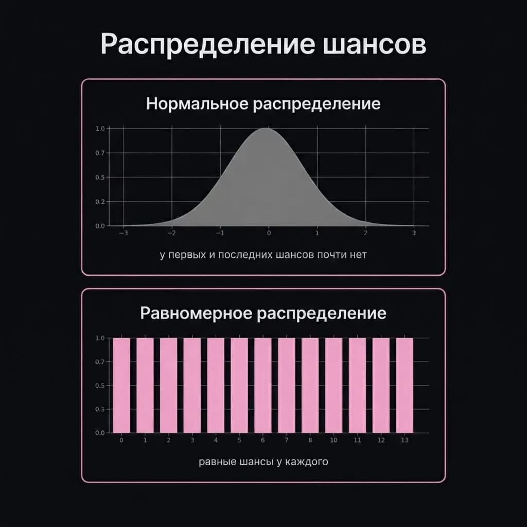 Сравнение двух графиков: нормальное распределение в виде колокола и равномерное в виде одинаковых столбиков