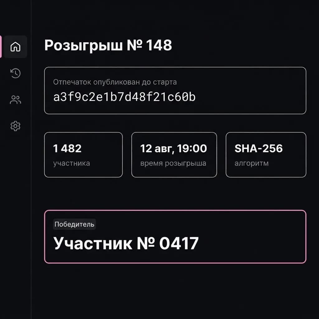 Экран розыгрыша: опубликованный отпечаток списка участников, число участников, время и победитель