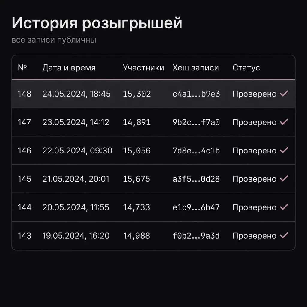 Публичная таблица истории розыгрышей: номера, даты, число участников, хеши записей и статус проверки